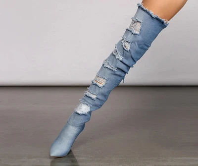 Destructed Denim Over The Knee Heeled Boots