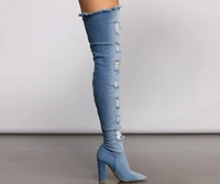 Destructed Denim Over The Knee Heeled Boots