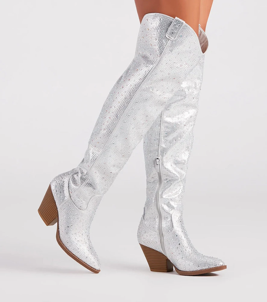 Fearlessly-Chic Rhinestone Thigh-High Cowboy Boots