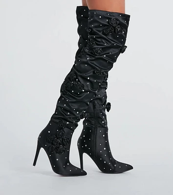 Dramatic Blooms Rosette Rhinestone Thigh-High Boots