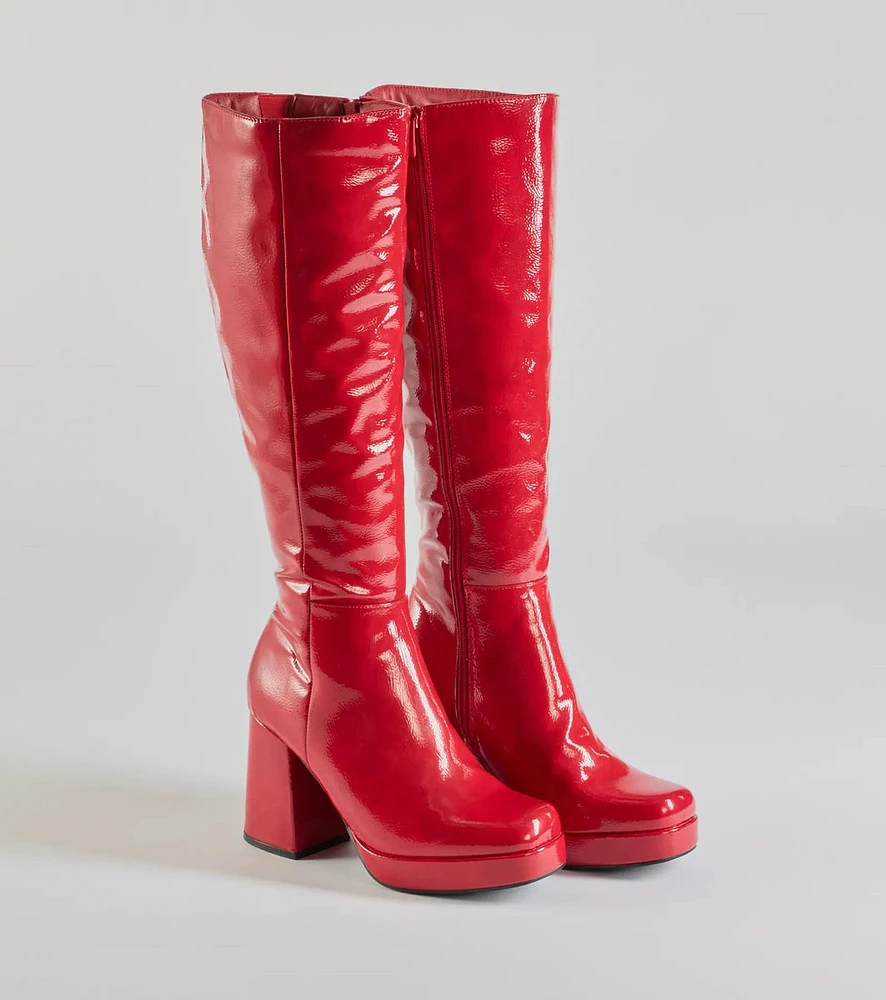 So Stunning Patent Faux Leather Under The Knee Platform Boots