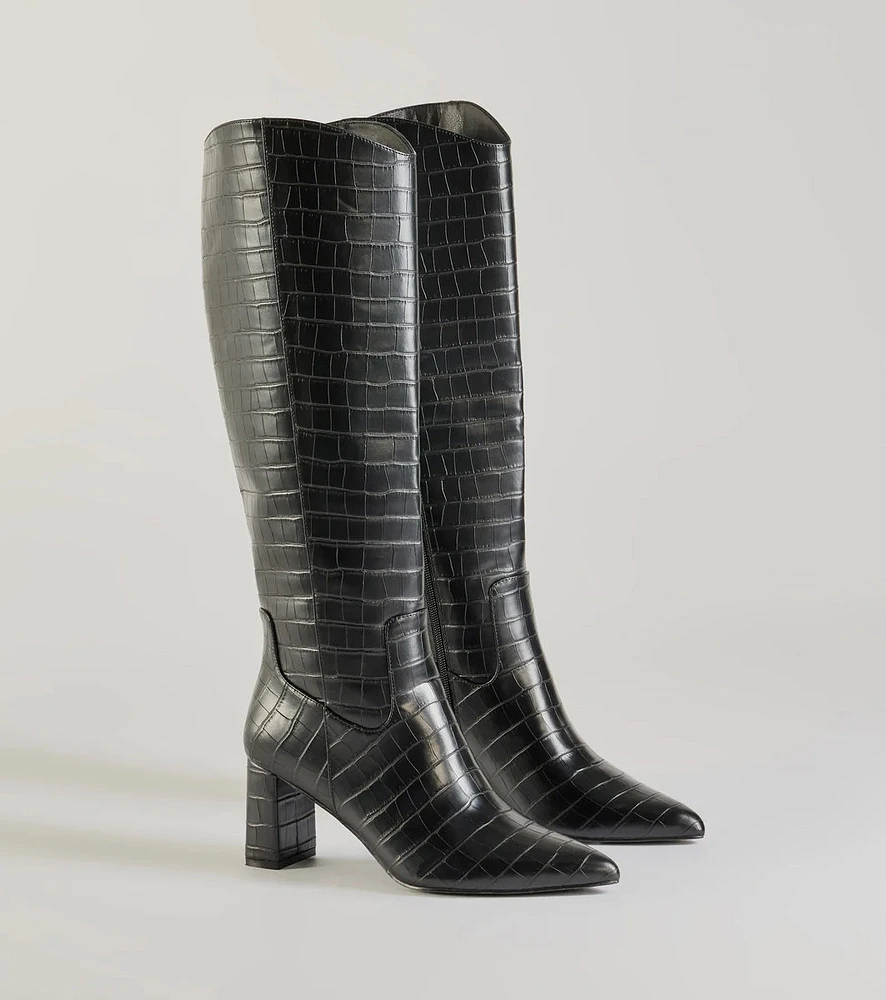 Bold Statement Faux Leather Croc-Embossed Under the Knee Boots