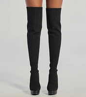 Slay On Thigh-High Ribbed Knit Platform Boots