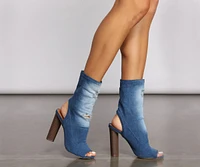 Distressed Denim Block Heel Booties