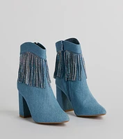 Glam Digs Rhinestone Fringe Western Denim Booties