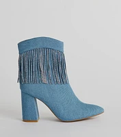 Glam Digs Rhinestone Fringe Western Denim Booties