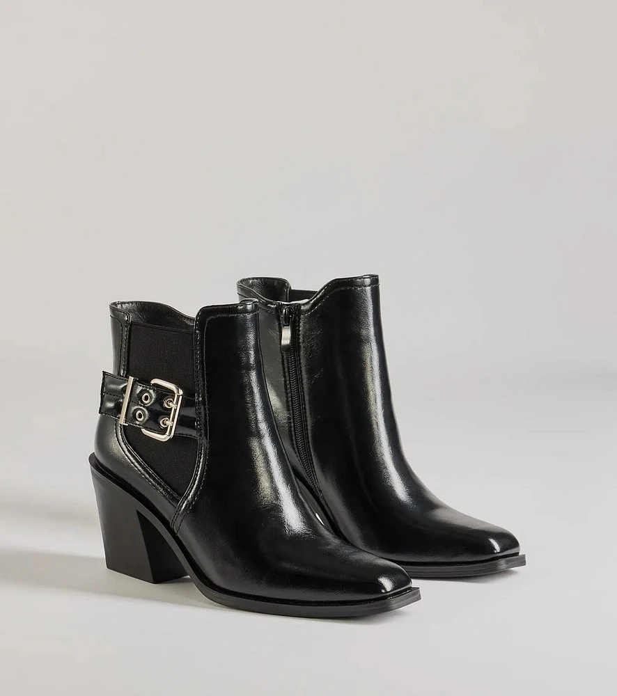 Edgy Fave Buckle Strap Faux Leather Ankle Booties