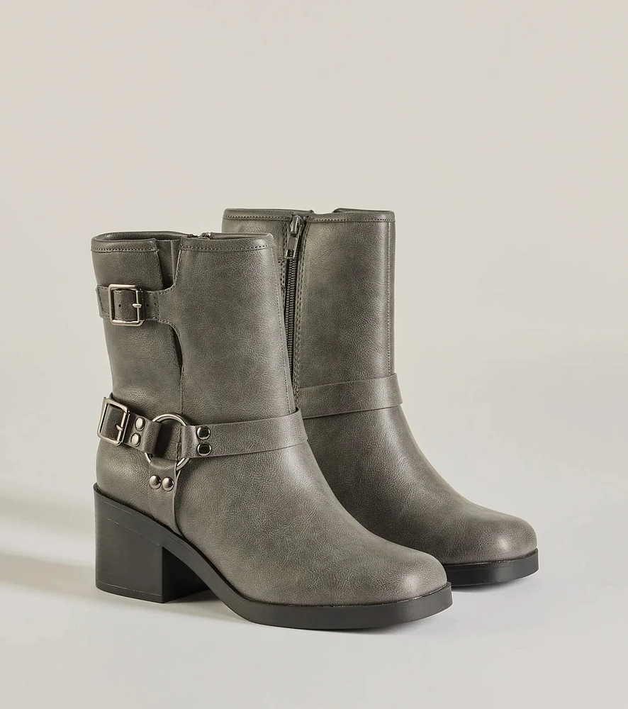 Moto Chic Buckled Faux Leather Ankle Booties