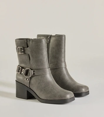 Moto Chic Buckled Faux Leather Ankle Booties