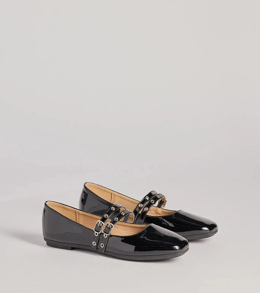 Sleek Buckled Strappy Patent Faux Leather Flats