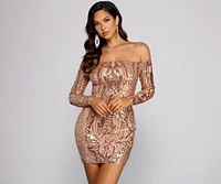 Halston Sequin Mesh Off The Shoulder Mini Dress