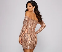 Halston Sequin Mesh Off The Shoulder Mini Dress