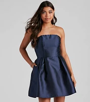 Hadley Strapless Pleated Satin Party Dress