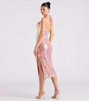 Avery Formal Sequin Cowl Halter Midi Dress