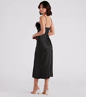 Lizzy Feather Trim Satin Slip Dress