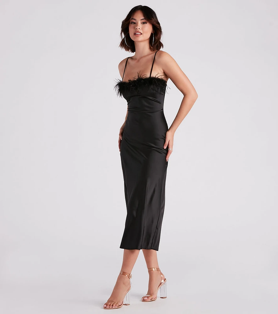 Lizzy Feather Trim Satin Slip Dress