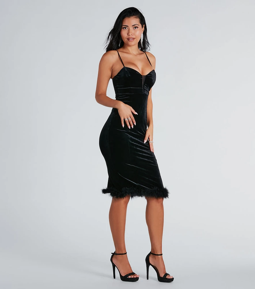 Alyssa Feather Trim Velvet Formal Midi Dress