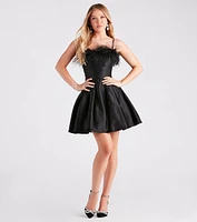 Lennon Satin Feather Trim Formal Skater Dress