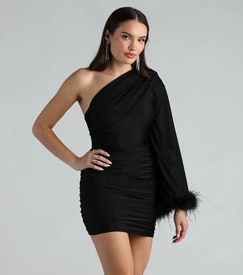 Brielle One-Shoulder Marabou Feather Trim Mini Dress