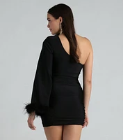 Brielle One-Shoulder Marabou Feather Trim Mini Dress