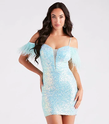 Shelly Sequin Feather Off-The-Shoulder Dress