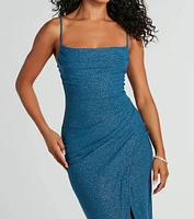 Joelle Wrap-Front Glitter Knit Formal Midi Dress