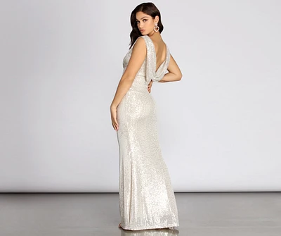 Diane Sequin Drape Back Formal Dress