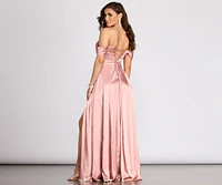 Cassia Lace-Up Back Off Shoulder Satin Dress