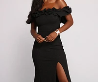 Clarissa Glitter Crepe Ruffle Off The Shoulder Dress