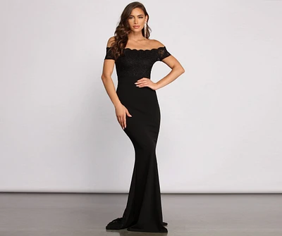 Sierra Formal Off the Shoulder Glitter and Lace Dress