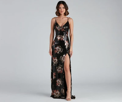 Karissa Sequin Floral High Slit Formal Dress