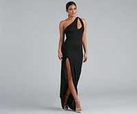 Evette Glitter One-Shoulder Slit Formal Dress