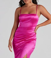 Evie Formal Ruched Satin Sleeveless Dress