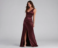 Darlene Formal Satin Wrap Slit Long Dress