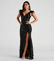 Elle Formal Sequin Feather Long Dress