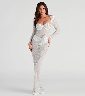 Crystal Iridescent Rhinestone Sheer Formal Dress