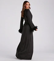 Rochelle Long Sleeve Feather Trim Formal Dress