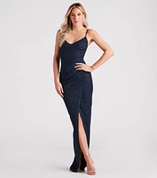 Kalyn Formal Glitter Faux Wrap Long Dress