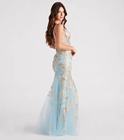 Asypn Sequin Embroidered Mesh Mermaid Dress