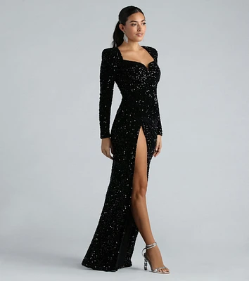 Trina Formal Velvet Sequin Long Sleeve A-Line Dress