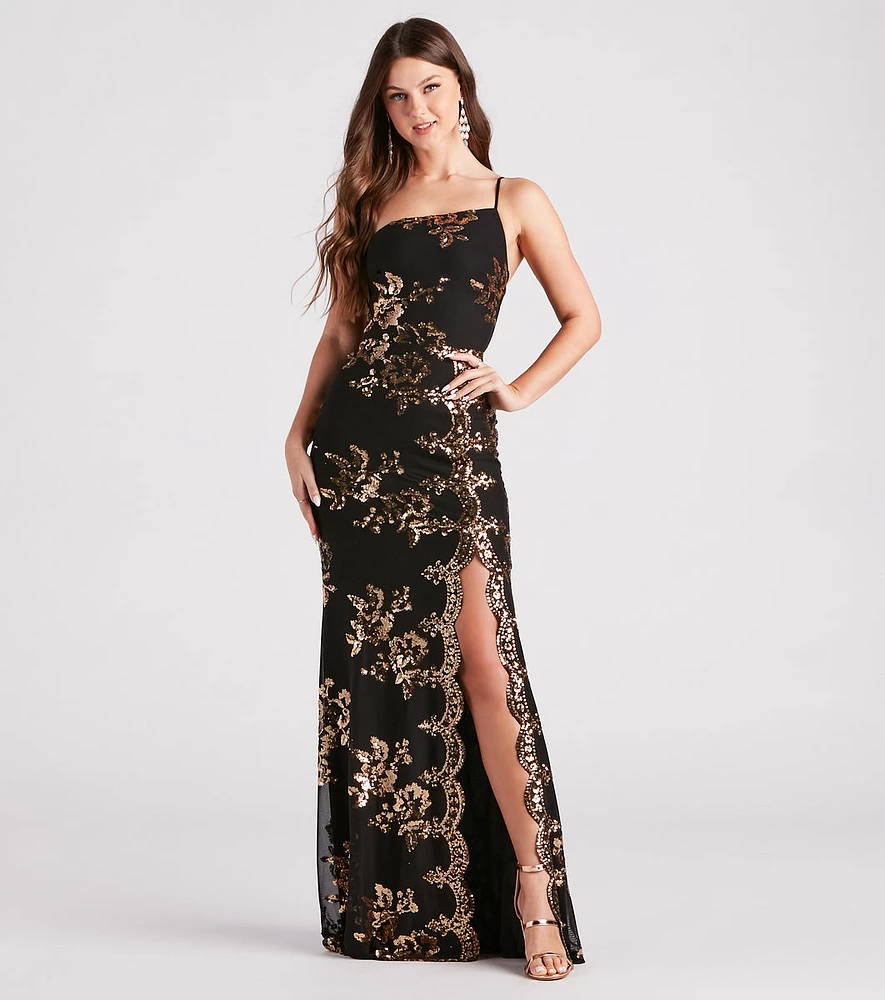 Kamryn Floral Sequin High Slit Formal Dress