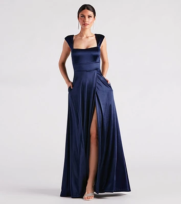 Lisa Satin High Slit A-Line Formal Dress