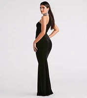 Gemma Rhinestone Collar Velvet Strapless Mermaid Dress