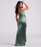 Lauren Ruffled Slit Satin Formal Dress