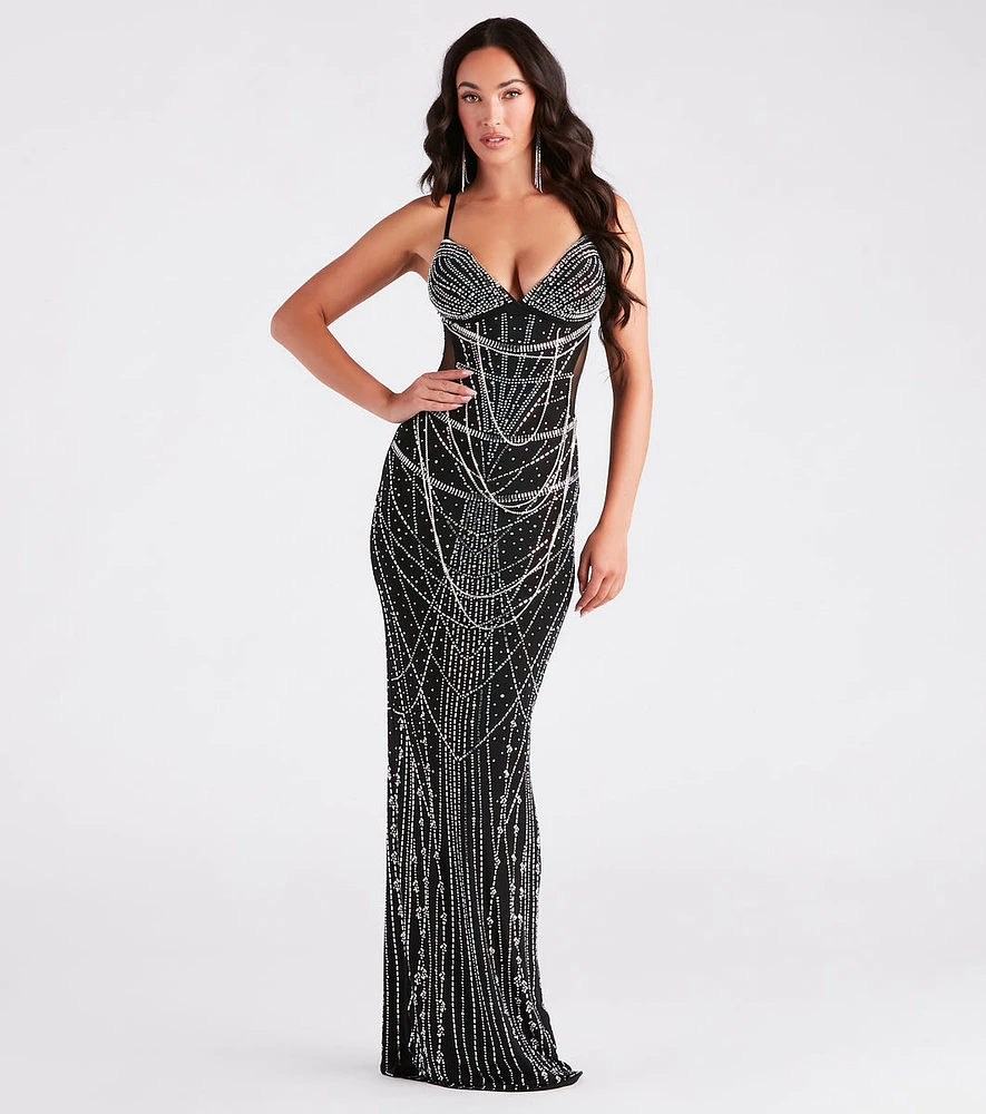 Ciara Iridescent Rhinestone Draped Formal Dress