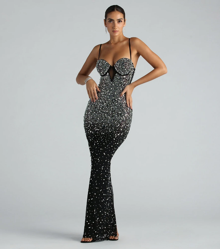 Aria Formal Rhinestone Faux Pearl Long Dress