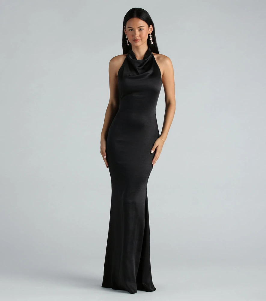 Amber Formal Satin Halter Open Back Long Dress