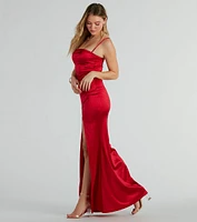 Hallie Rhinestone Satin High Slit Mermaid Dress