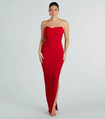 Aurie Formal Crepe Strapless Slit Long Dress