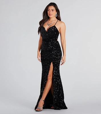 Giselle Formal Sequin Velvet Lace-Up Dress